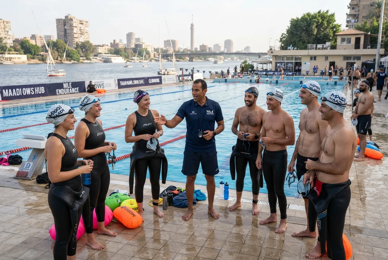 مجموعة سباحين يقوم بتدريبات تكتيكية مع المدرب على حوض السباحة