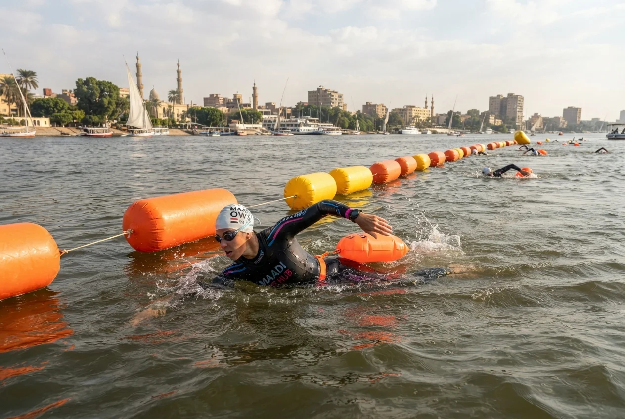 سباح يرتدي بدلة مياه مفتوحة يتدرب على تقنية الحركة الحرة في حوض واسع